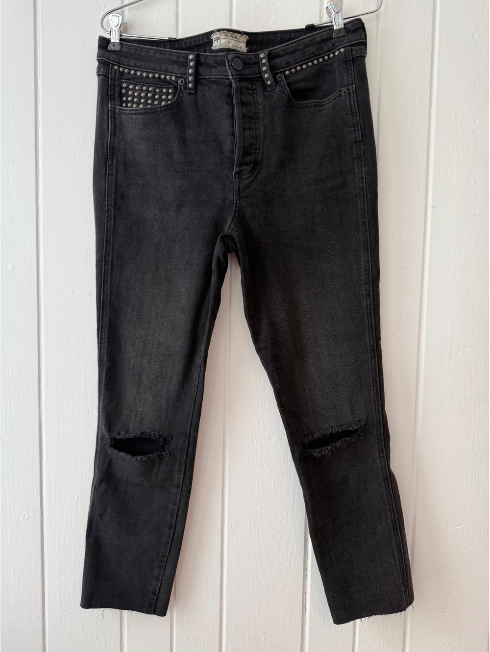 Free People Black Studded High-Rise Skinny Jeans with Knee Rips Size 30